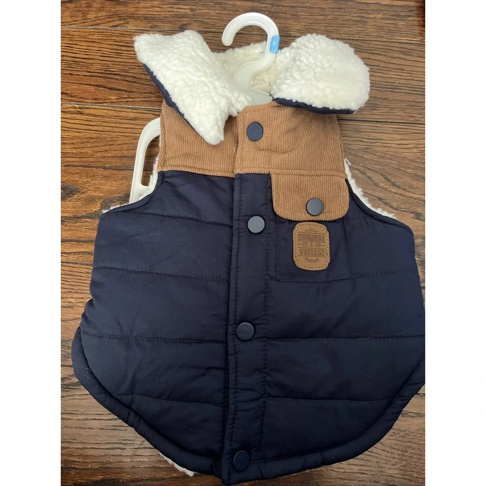 FabDog Pet Navy‎ Quilted Sherpa Pile Lined Jacket w/Tan Corduroy Small
